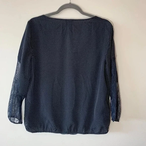Ann Taylor Navy Microdot Popover Tunic Lace Woman’s Size Small Spring Top Preppy - Picture 2 of 10